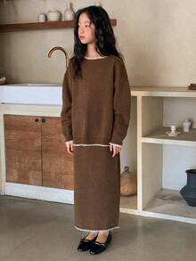 DAZY 2pcs/Set Tween Girls Casual Colorblock Sweater Skirt, Fall - Brown - View 4