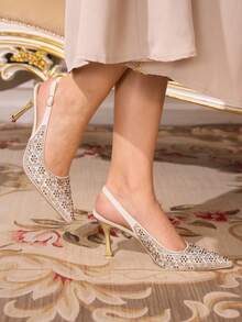 CUCCOO TILAWA Zapatos de tacón alto elegantes con adorno de rhinestones en la punta para mujer - Champán - Ver 2