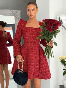 Siren Gaze 女士新年纯红色迷你A字褶边连衣裙，方领设计，性感优雅，收腰长袖修身连衣裙，适合圣诞节、约会之夜等场合。女士优雅粗花呢格纹方领泡泡袖收腰迷你连衣裙，圣诞节服装，圣诞礼服，圣诞派对礼服，新年礼服，女士新年夜礼服，派对礼服，圣诞派对红色连衣裙，闪亮连衣裙，女士红色连衣裙 - 櫻桃紅 - 查看 2