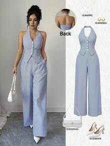 Elenzga Bộ đồ nữ không tay kẻ sọc xanh trắng, cổ chữ V, hở vai, thiết kế eo thấp, sang trọng, cao cấp, thích hợp làm quà sinh nhật, hẹn hò, dự tiệc, ngày Valentine, trang phục mùa xuân, phong cách đường phố thường ngày. - Xanh và trắng - Xem 1