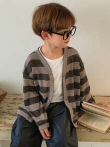 DAZY 男童休闲条纹口袋长袖开衫（春季款） - 棕色 - 查看 3