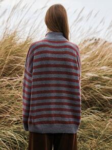 Florisole Sweater Lengan Panjang Kerah Tinggi Bergaris Blok Warna, Pakaian Rajut Musim Gugur/Dingin - Grey - View 2