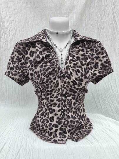 SHEIN Clasi V-Neck Ruched Cutout Waist Fitted Short Sleeve Blouse, Fashionable Office Wear For Women Women Shirt Leopard Print Top Women's Blouses Short Sleeve Animal Print Top Leopard Shirt