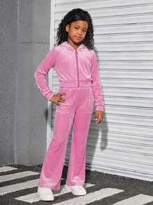 SHEIN Bộ áo hoodie và quần nỉ nhung cho bé gái tuổi teen, trang phục thể thao thường ngày. - Màu Hồng  Dưa hấu - Xem 11