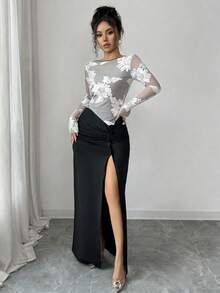 Rafferiza 女士优雅性感修身网纱刺绣拼接高开衩连衣裙 - 黑與白 - 查看 3