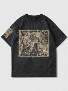 ROMWE MEN 男士天使图案黑色圆领短袖T恤 - 黑色 - 查看 1