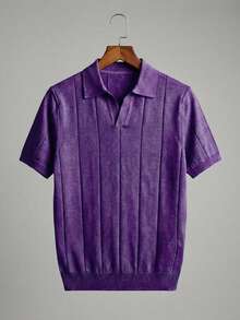 Camiseta para hombre tipo polo retro tejido a rayas suelta manga corta primavera verano uso diario camiseta - Púrpura marino - Ver 3