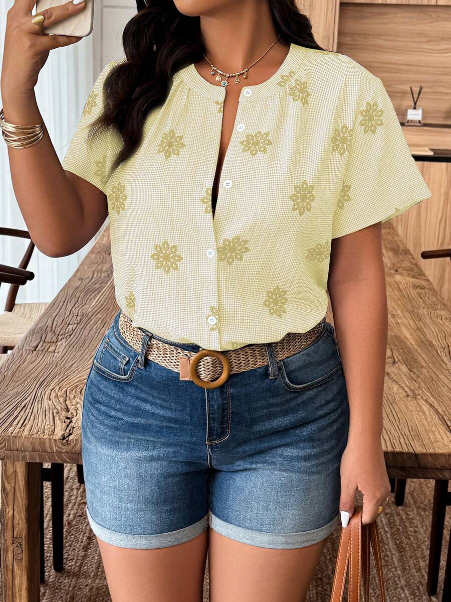 SHEIN Clasi Plus Size Random Floral Print Casual Short Sleeve Shirt - Yellow - View 1