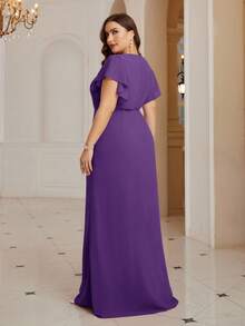 SHEIN Belle 大码雪纺伴娘礼服，胸前交叉设计，腰部褶皱，开衩下摆 - 紫色 - 查看 2