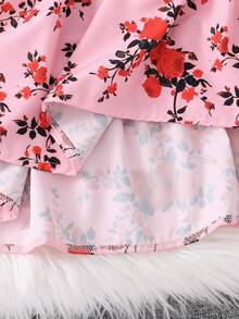 SHEIN Sparklyn Váy 1 mảnh mùa hè thanh lịch và ngọt ngào dành cho bé gái tuổi teen, họa tiết hoa màu hồng hở vai, có chi tiết nơ 3D, tay bồng, tay ngắn, dáng dài vừa phải, định hình vòng eo, hoàn hảo cho các bữa tiệc trong vườn, trang phục hàng ngày, mua sắm, v.v. - Đỏ - Xem 7
