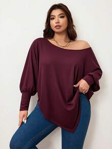 Enliva 大码女式不对称下摆蝙蝠袖纯色宽松休闲T恤，适合秋季、冬季、情人节、爱情、礼物、浪漫、情人节快乐、2026新年等场合，适合苹果型和圆润身材 - 酒紅色 - 查看 6
