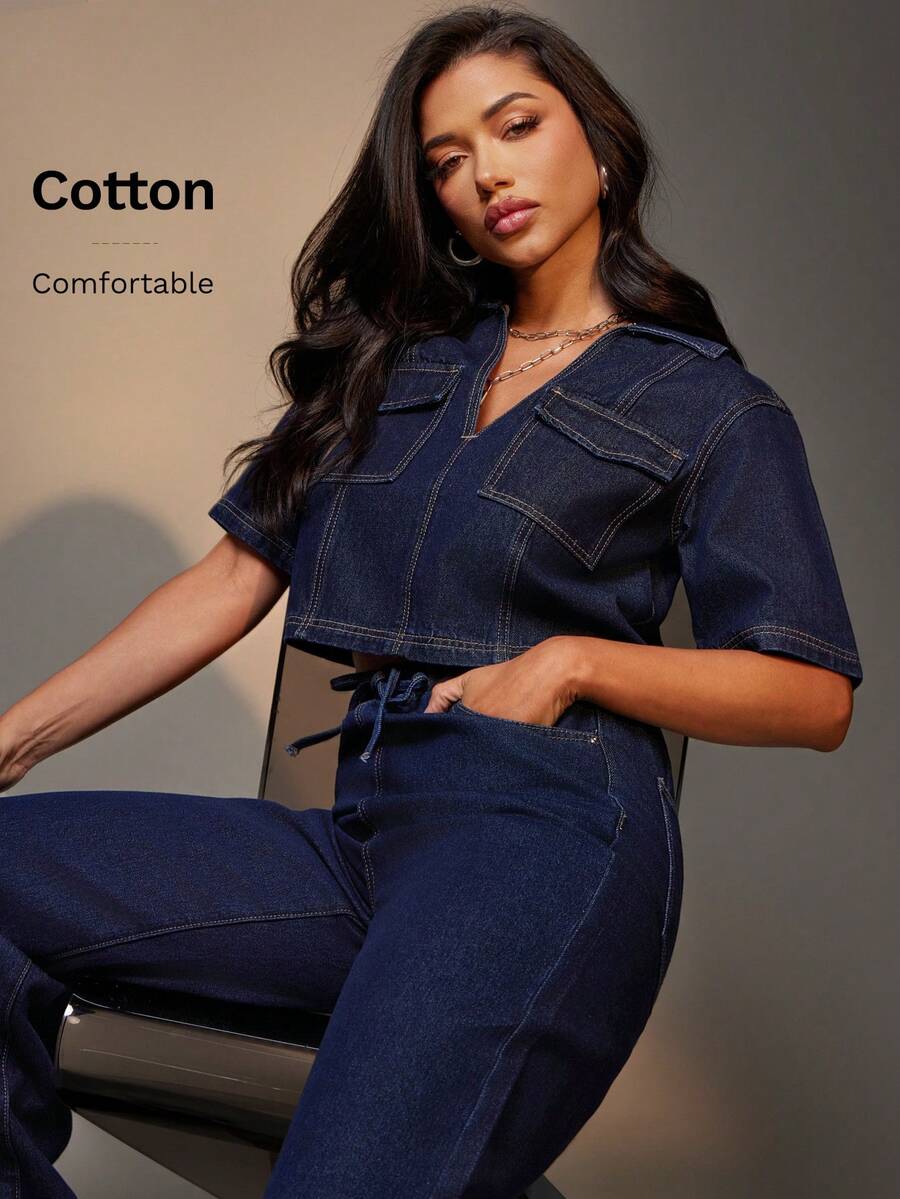 Denimoi 翻盖口袋休闲宽松短款牛仔上衣 - 淺色水洗藍 - 查看 1