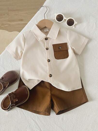 Playful Pals Set de 2 piezas de camisa y pantalones cortos de niño casual con bloques de color y bolsillo cargo, adecuado para salidas de primavera/verano, uso diario, escuela, versátil