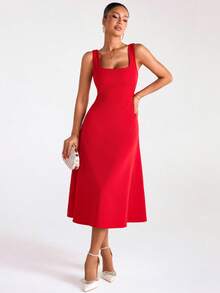 EURMUSE Robe mi-longue à encolure carrée sans manches, buste ajusté avec ourlet évasé, lignes épurées, silhouette minimaliste, style élégant du jour au soir, Saint-Valentin - Rouge - Voir 5
