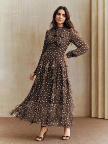 Anewsta Đầm dài tay dáng đuôi cá, cổ bẻ, màu nâu cà phê kiểu Pháp cổ điển, chất liệu jacquard chấm bi, dành cho nữ. - Cà phê nâu - Xem 2