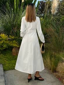 DAZY Women's Collared Waist-Cinched Long Casual Denim Dress - White - View 5