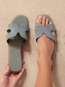 SHUZIA 女士镂空露趾软垫仿麂皮钢蓝色凉拖鞋 – 奢华优雅，舒适易搭 - 灰色 - 查看 2