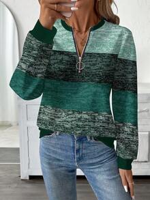 EMERY ROSE Plus Size Textured Striped Print Half-Zip Round Neck Sweatshirt For Women