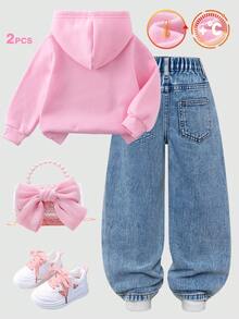 Conjunto de Moletom e Shorts Curta para Meninas Jovens 2 peças: Forro Térmico, Tecido de Moletom Grosso e Confortável, Corte Solto e Estiloso, Estampa Fofa de Número Cartoon em Rosa com Capuz + Calça Denim Reta com Cintura Elástica, Cor Denim Retrô Azul Claro, Corte Fofo, Adequado para Todas as Estações, Múltiplos Estilos, Alto Custo-Benefício, Conjunto de Duas Peças na Moda para Moletom e Denim de Meninas. - Multicolorido - Visão 2