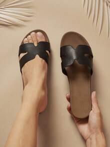 SHUZIA 史上最畅销女士软质PU中底带扣镂空PU黑色拖鞋 - 休闲、百搭、时尚、舒适