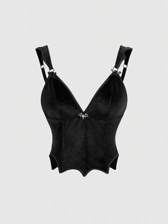 Goth Gotischer Stil Samt Fledermaus-förmiger Metall-Träger-Oberteil für Frauen