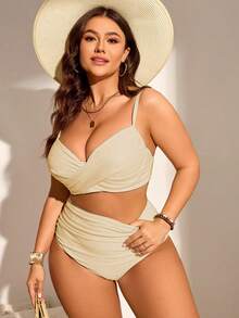 Swim Lushoire Conjunto de bikini tankini de talla de unicolor con recogido para la playa de verano - Blanco - Ver 4