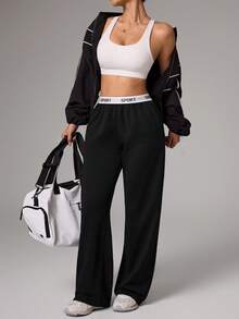 Dewbera 女士字母腰带休闲宽松运动裤 - 黑色 - 查看 6