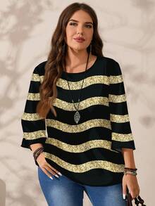 EMERY ROSE Plus Size Women Casual All-Over Print Round Neck Loose 3/4 Sleeve Shirt, Autumn/Winter Spring - Multicolor - View 9