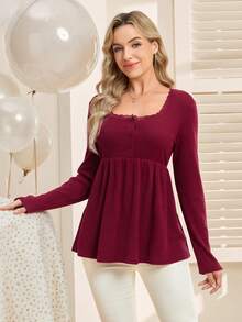 SHEIN Blusa de lactancia de cuello cuadrado de unicolor y largo con adorno de encaje y botones delanteros - Burdeos - Ver 7