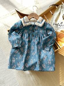 Vintaside Kids 女婴秋冬季保暖内衬翻领长袖数码印花灯芯绒连衣裙，时尚舒适，适合休闲、户外活动、朋友聚会等场合。 - 藏蓝色 - 查看 3