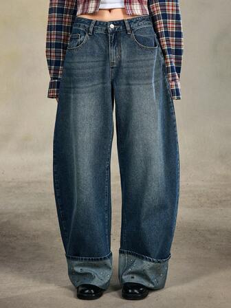 Grunge Punk Women's Ultra Low Waist Rhinestone Embellished Relaxed Fit Flared Leg Jeans