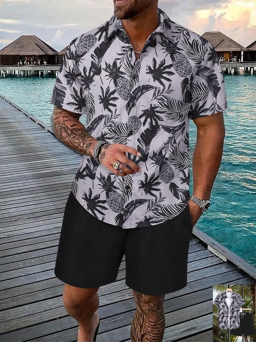 Manfinity KASUA Men's Floral Print Short Sleeve Shirt And Shorts Set - Black - View 1