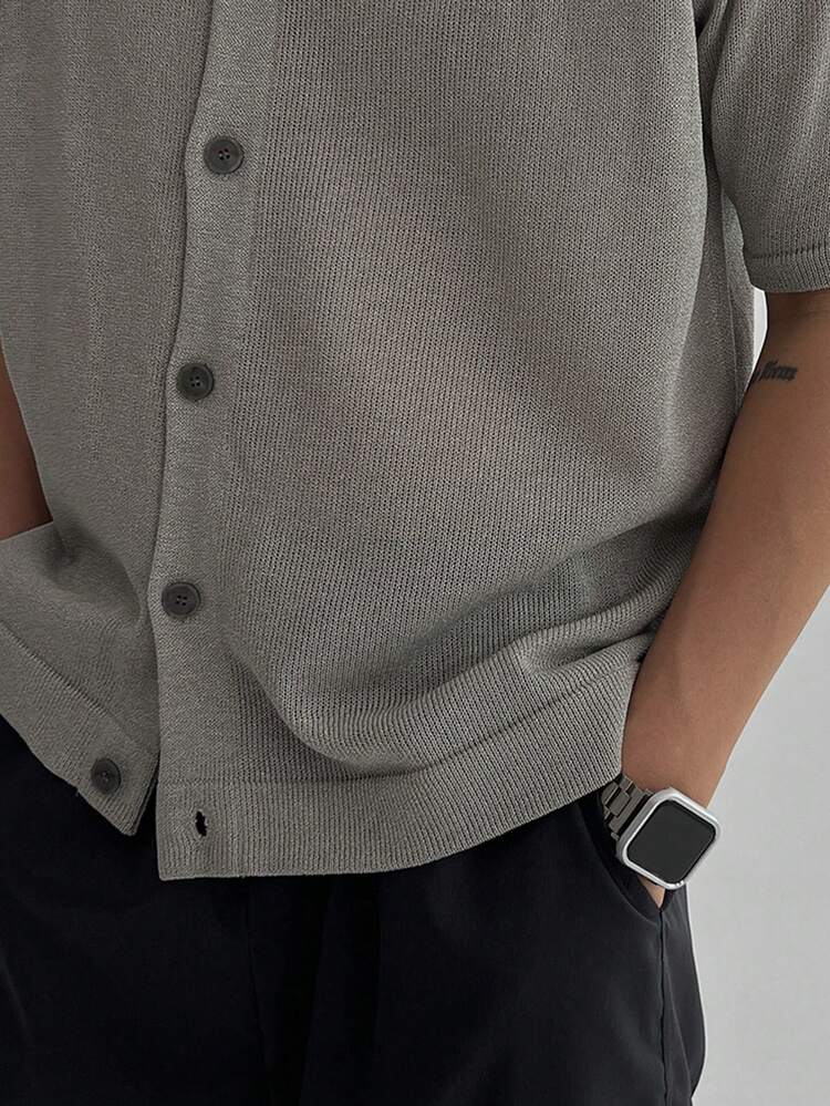 Men's Solid Color Khaki Cardigan Knit Top, Summer Spring