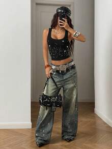 StreetHx 女士时尚街头风水钻褶皱圆领修身背心，夏季 - 黑色 - 查看 6