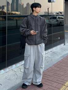 DAZY Men's Solid Dark Grey Hooded Cardigan Jacket, Autumn Spring - Dark Grey - View 4