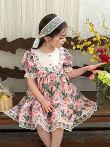 LMoss Kids 女童夏季碎花拼接刺绣网纱泡泡袖连衣裙 - 彩色 - 查看 5