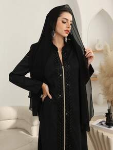 Al Najma 中东风格女士宽松时尚串珠刺绣长袍 - 黑色 - 查看 6