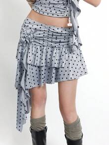 Bloopia Women's Summer Casual Fashionable Street Style Polka Dot Print Ruffle Hem Asymmetric Hem Skirt - Light Grey - View 6