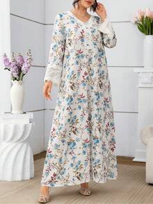 Yasmyna V-Neck Chiffon Lace Patchwork Floral Print Dress With Headscarf, Pink