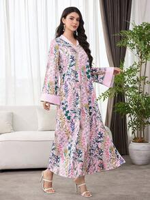 SHEIN Najma Elegant Floral Print Long Sleeve Loose Arabic Style Dress For Women - Pink - View 4