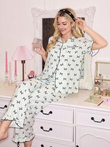 SweetSlumber 2 piezas Conjunto de pijama de manga larga con lazo y estampado de cuadros para niñas - Multicolor - Ver 6