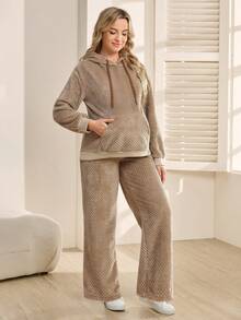 SHEIN 2pcs/Set Hooded Fleece Sweatshirt With Pockets & Loose Fit Sweatpants, Autumn/Winter - Khaki - View 7