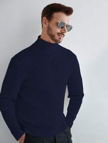 Manfinity CityGents Áo len dáng ôm màu trơn 3D phong cách Blogger Châu Âu & Mỹ - Màu xanh hải quân - Xem 7