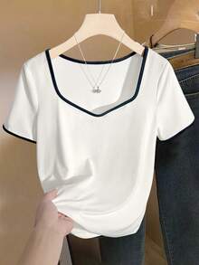 GlowEve 女士撞色短袖上衣，百搭日常单品，适合休闲、通勤、约会、办公等场合，简约时尚，日常衣橱必备。 - 白色 - 查看 1