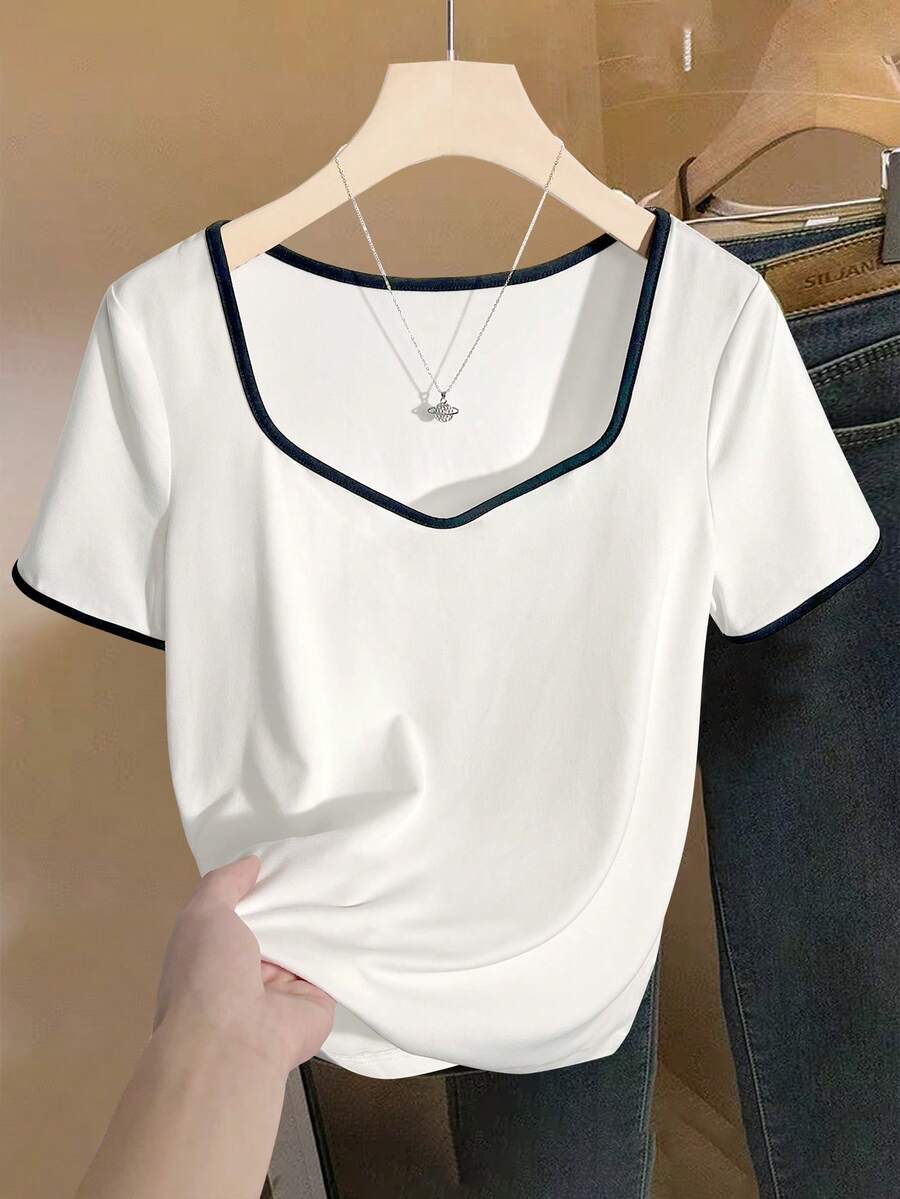 GlowEve 女士撞色短袖上衣，百搭日常单品，适合休闲、通勤、约会、办公等场合，简约时尚，日常衣橱必备。 - 白色 - 查看 1