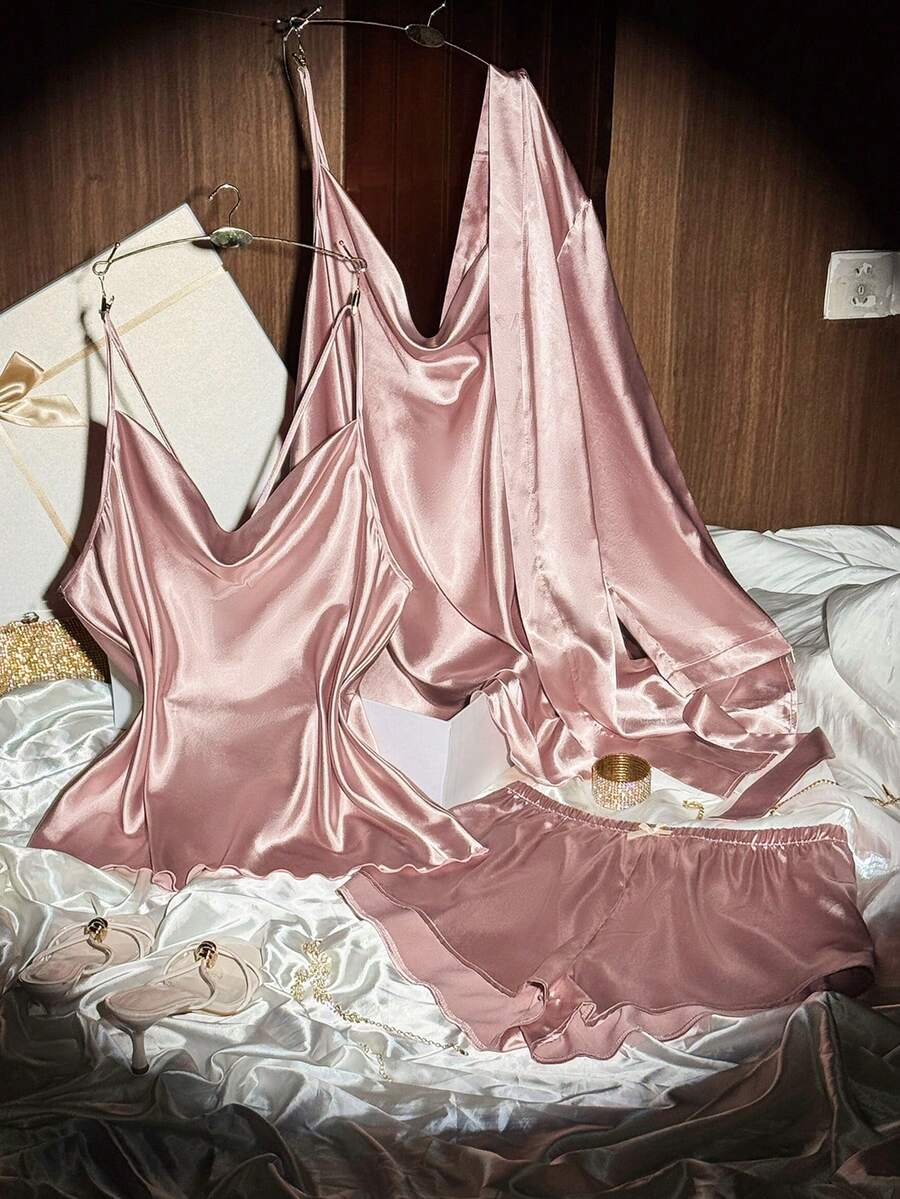 SilkySpell Plus Size Women Faux Silk Draped Neck Camisole, Shorts & Robe Sleepwear Set Sexy Sleep Set Satin Sleepwear Set Satin Pj Set Satin Lingerie Set - Dusty Pink - View 1