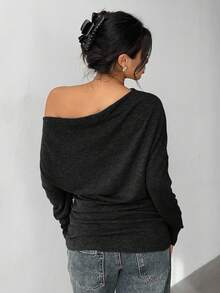 Aloruh Women's Pleated Dark Grey Knit Casual Oblique Shoulder Long Sleeve Top - Dark Grey - View 2