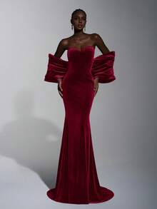 Elitara Elegant Dark Purple Velvet Formal Gala Dress, Backless Rhinestone Decor Batwing Sleeves Fishtail Hem Train, Birthday Wedding Event Gown - Burgundy - View 6