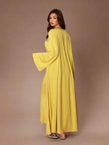 Lazeform 女士休闲纯色长款睡袍和修身针织连衣裙简约时尚家居服两件套，适合外穿 - 黃色 - 查看 2