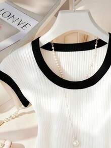 Franclia 女士撞色滚边圆领罗纹针织休闲短袖T恤 - 白色 - 查看 3